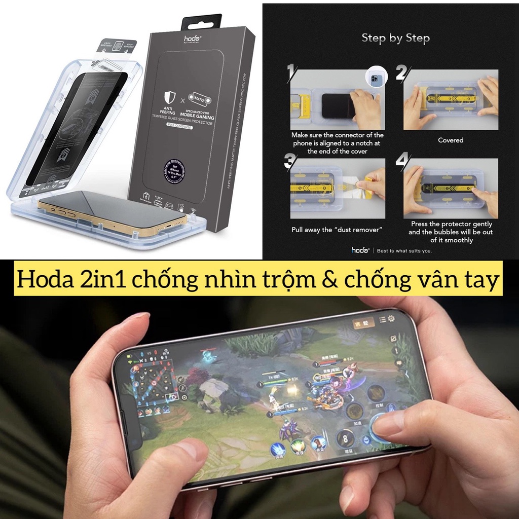 Kính cường lực Hoda 2in1 Chống nhìn trộm &amp; chống bấm vân tay cho Smart IPhone 14 Promax , 13 Promax ,12 Promax kèm khung