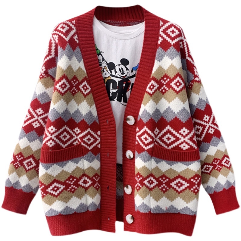 Áo Khoác Cardigan Cổ Chữ V Họa Tiết Kẻ Sọc Màu Đỏ Tương Phản Phong Cách Năm Mới Thời Trang Mùa Thu Cho Nữ
