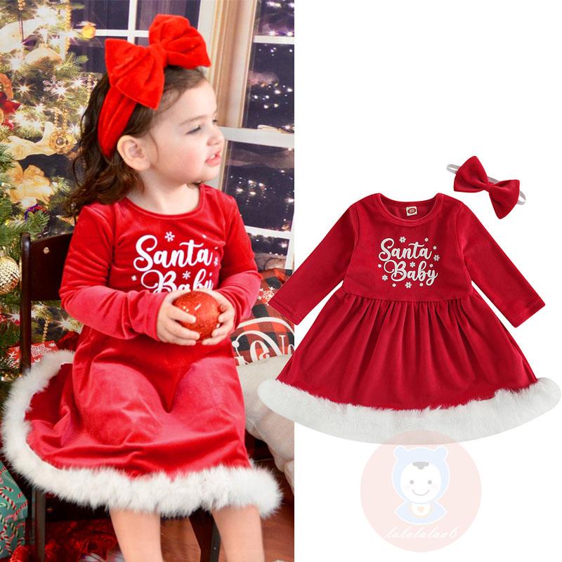 Bộ Đầm Giáng Sinh Tay Dài In Chữ Kèm Băng Đô Xinh Xắn Cho Bé Gái LAA6-G