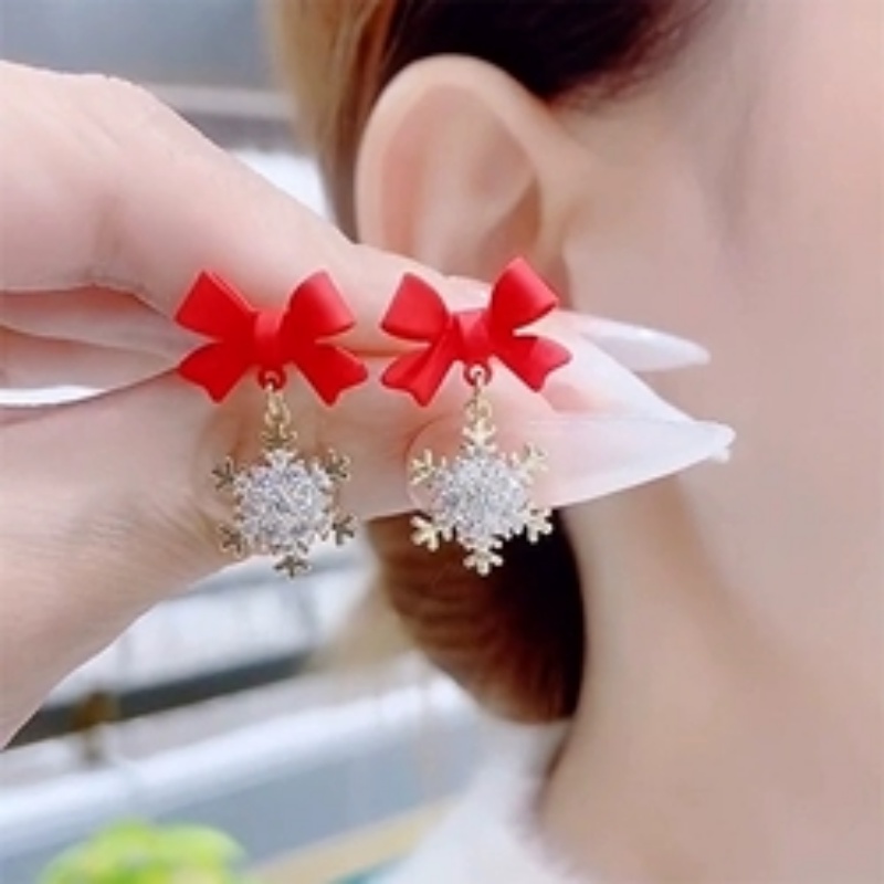 Khuyên Tai Nữ Hình Bông Tuyết / Nơ Đính Đá Zircon