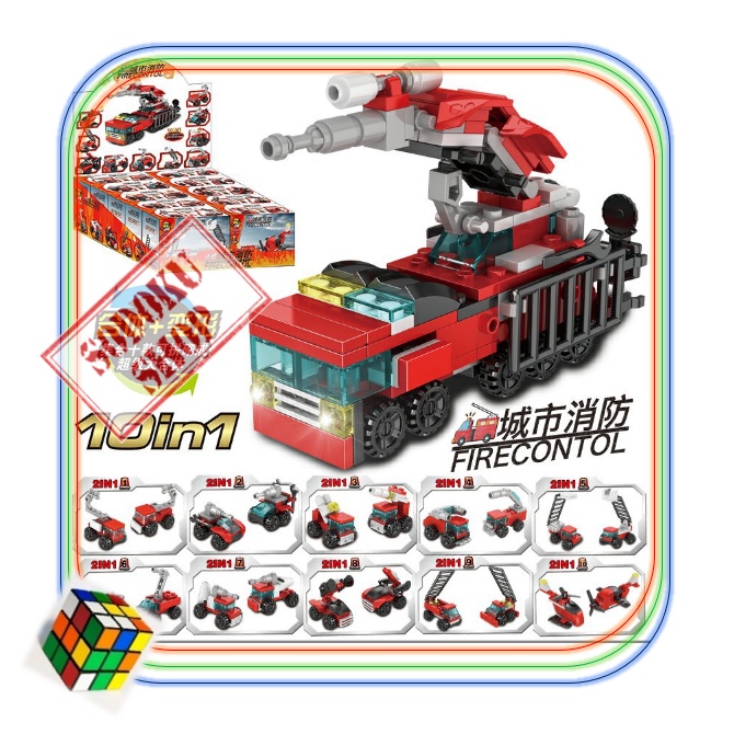 Bộ Gạch Nhựa Xếp Hình Xe Cứu Hỏa, Đồ Chơi Giáo Dục Mini 10in1 Xe Dập Lửa Cho Bé, Hộp 10cm