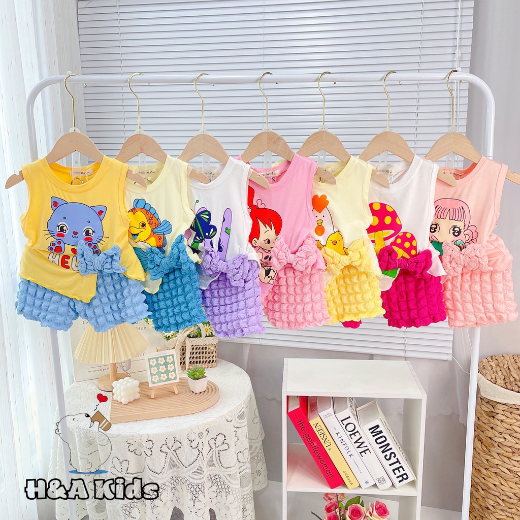Set đồ bé gái áo thun lạnh xẻ lai gắn nơ và quần đũi xốp thời trang điệu đà từ 9 -22kg