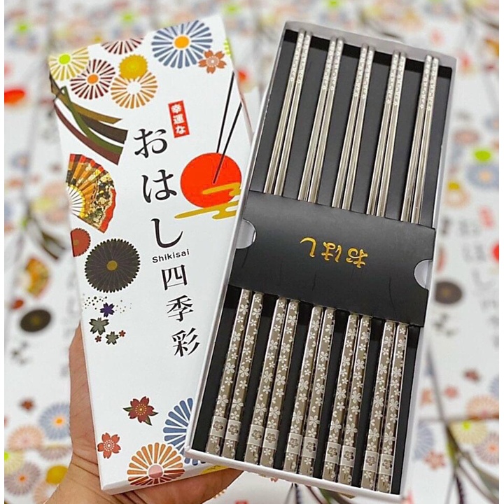 Set bộ 5 đũa inox kháng khuẩn cao cấp Shikisai hoa đào Nội Địa Nhật Bản 24,3cm
