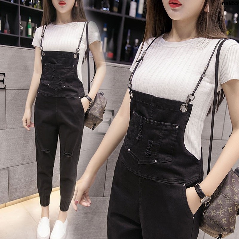 Bộ Áo Liền Quần Denim Dáng Rộng Dài Đến Mắt Cá Chân Phối Dây Ruy Băng Mỏng Lưng Rách Kiểu Hàn Quốc Cho Nữ