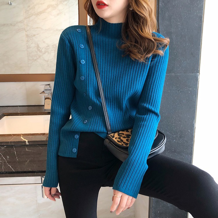 Áo Len Nữ cổ cao Dệt Kim Dài Tay Đính Cúc Xẻ Tà Ulzzang Dày Dặn Loại 1