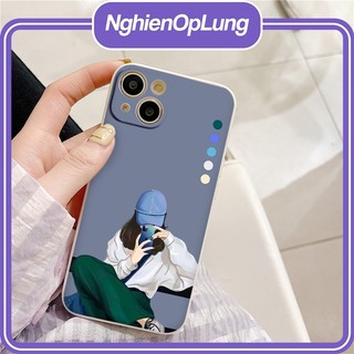 Ốp iphone ốp lưng iphone viền vuông Cô gái đội mũ xanh cầm điện thoại cool ngầu dành cho ip6 đến ip14promax- li019