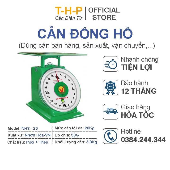 Cân đồng hồ Nhơn Hòa 20Kg - Đĩa cân Inox - Vỏ cân thép sơn tĩnh điện