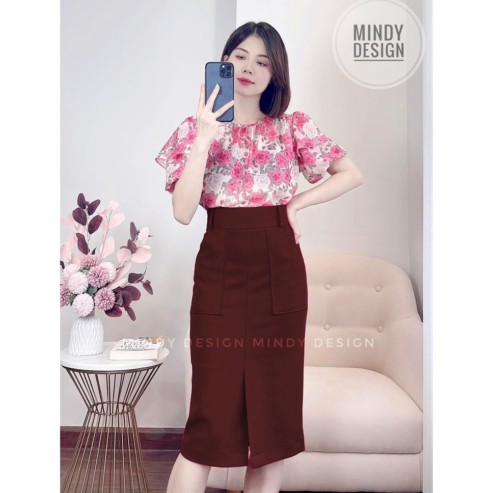 Chân váy bút chì xẻ trước có 2 túi nổi trẻ trung dài 70cm