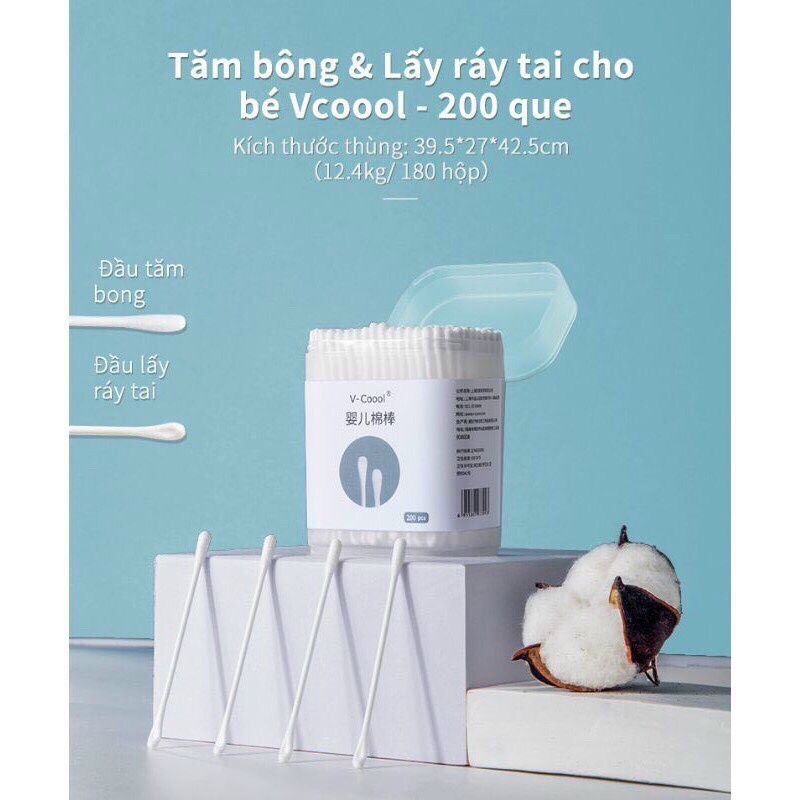 Tăm Bông Trẻ Em Kháng Khuẩn V-Cool - Ngoáy Tai/Mũi - Hộp 200 Que Lõi Giấy