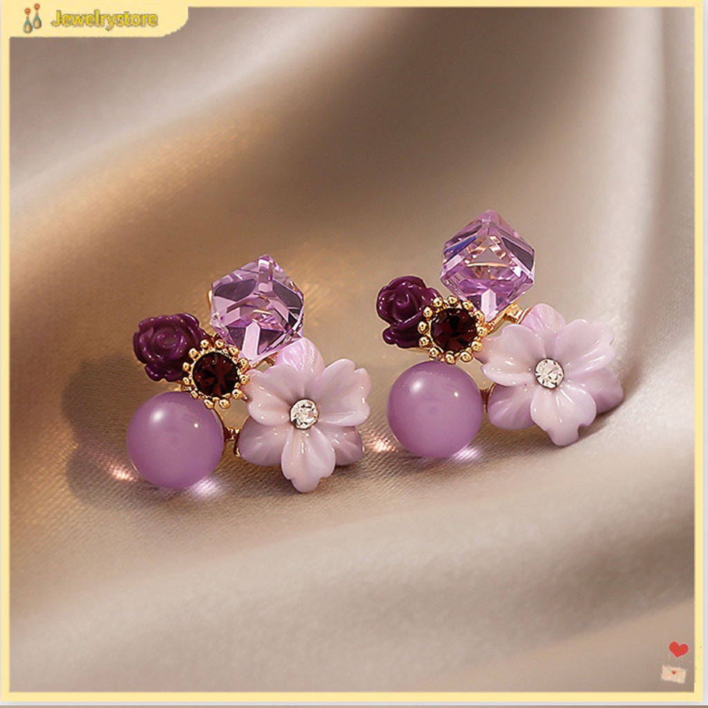 Đôi bông tai hình hoa đính đá màu tím dễ thương bắt mắt