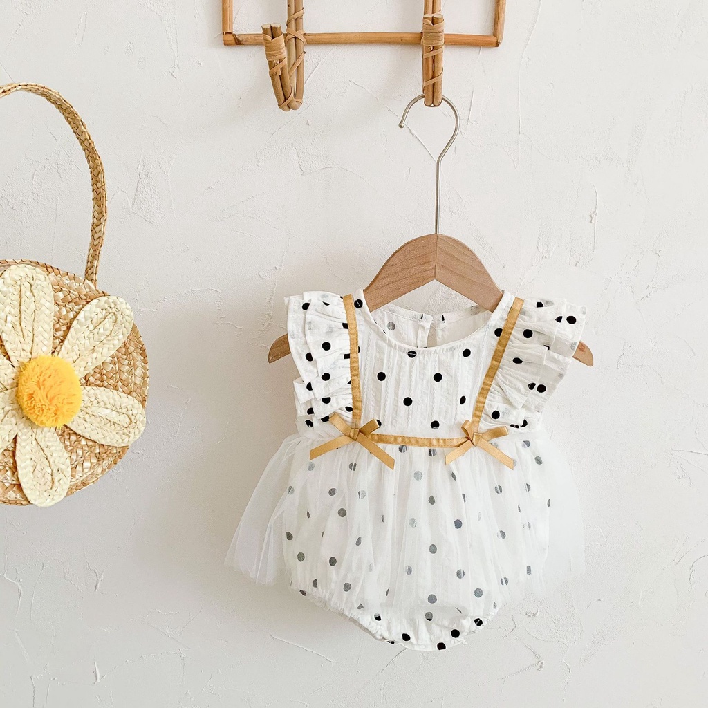 Jumsuit Kèm Tuaban Chấm Bi Phối Ren Xinh Cho Bé Gái