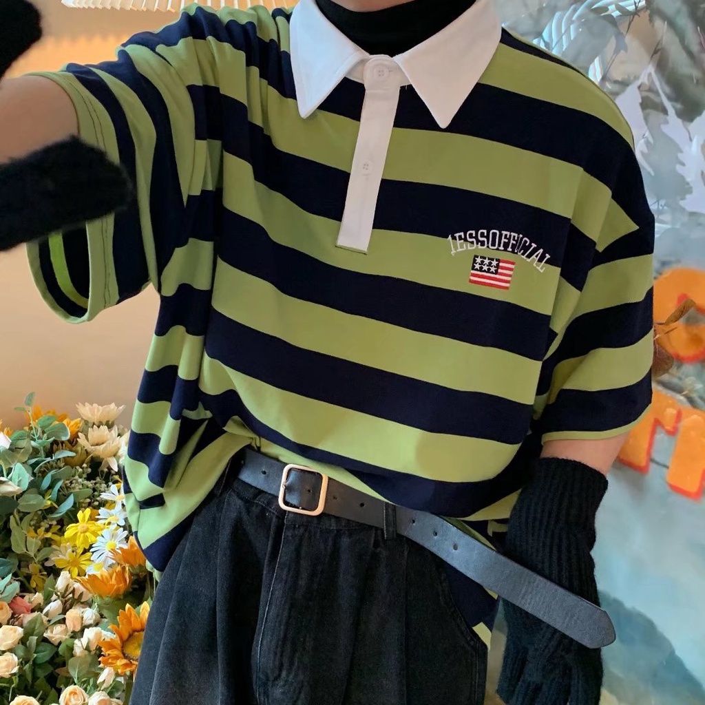 Áo polo Dáng Rộng Họa Tiết Kẻ Sọc Thời Trang Mùa Hè Cho Nam