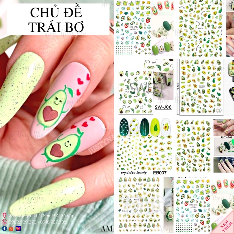 Sticker, hình dán móng hoạ tiết trái bơ dễ thương trang trí móng tay nghệ thuật chuyên nghiệp nail