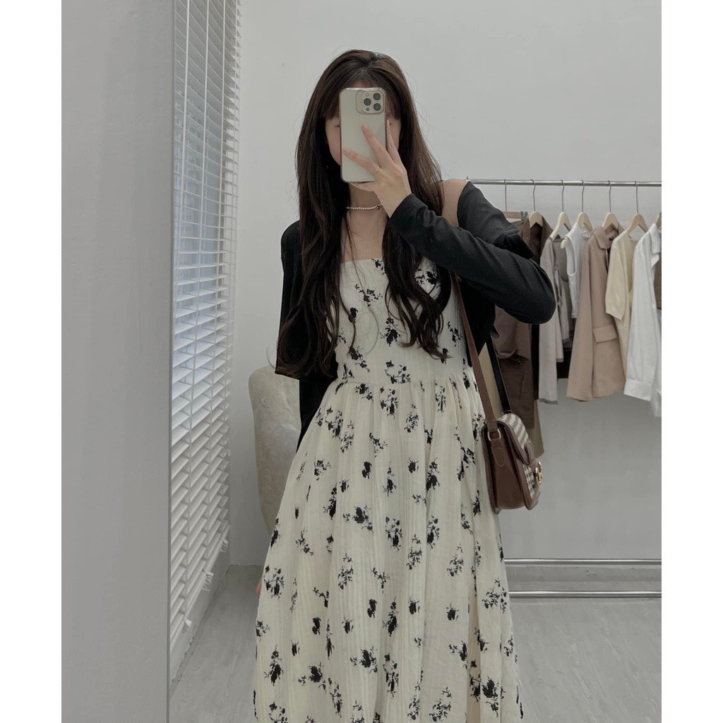 Set váy 2 dây hoa nhí kèm áo khoác cardigan croptop  Đầm 2 dây vintage dáng dài style hàn quốc ANASHOP9X
