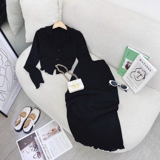 Set croptop đen cổ vest chân váy midi