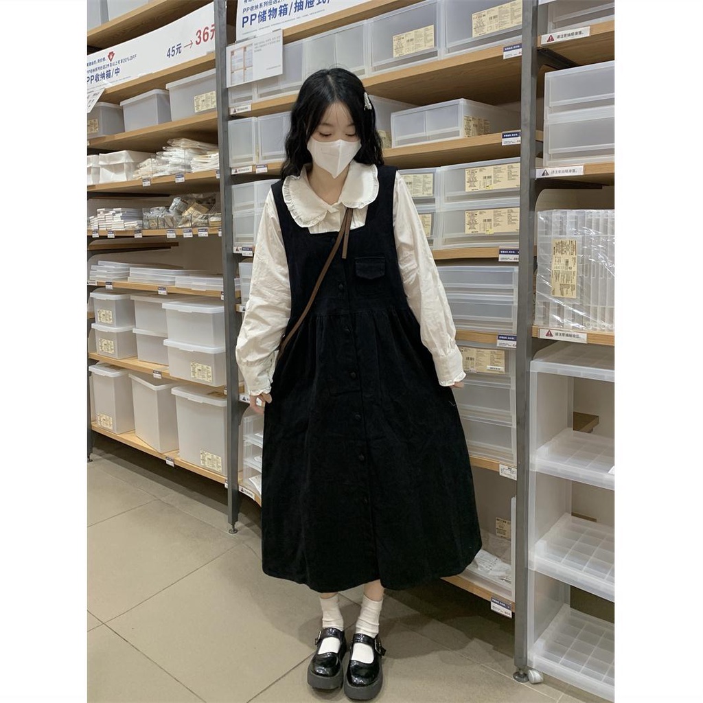 Set Áo Sơ Mi Cổ Đứng + Đầm Yếm Dáng Rộng Thời Trang Theo Phong Cách Hàn Quốc