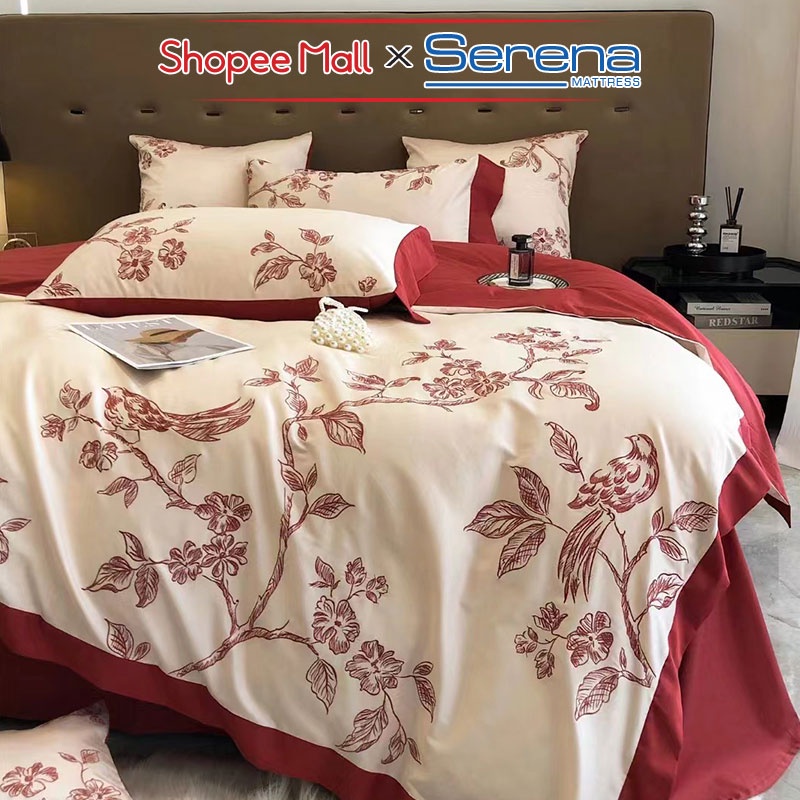 Bộ Chăn Ga Giường Chần Bông Full 5 Món Lụa Sateen Cao Cấp SERENA MATTRESS Combo Chăn Ga Drap Gối Đệm Nệm Trải Phủ Giường