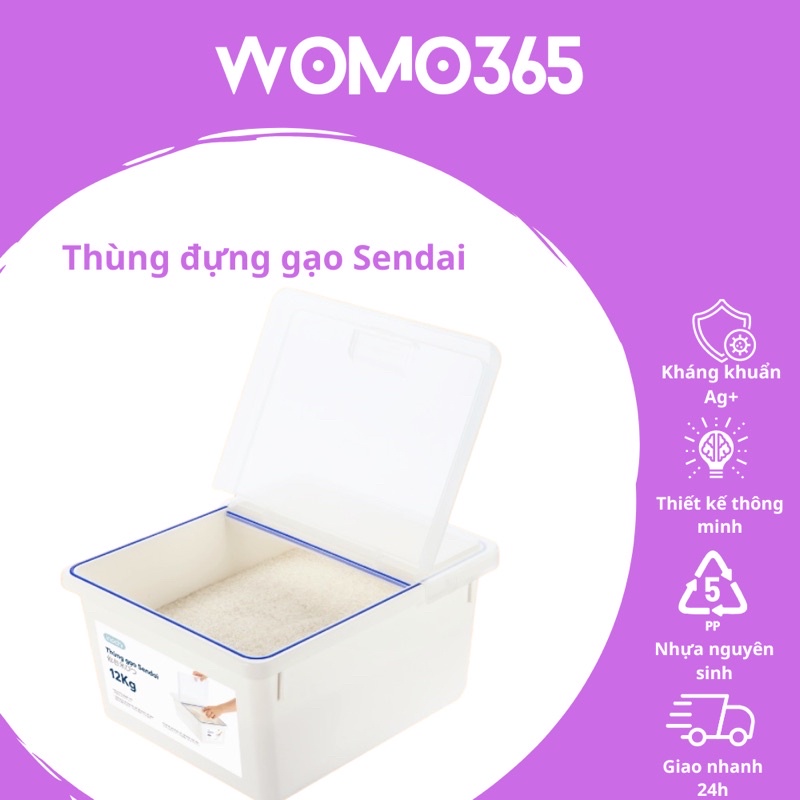 Thùng đựng gạo Sendai 12kg cao cấp inochi, nắp đậy kín, ngăn bụi, ngăn vi khuẩn, chống oxi hóa, ẩm, an toàn sức khỏe