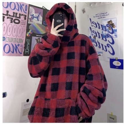 Hoodie Nam Nữu Caro Đỏ Unĩe Dáng Rộng Mũ To Túi Bụng Uzzlang Năng Động Trẻ Trung