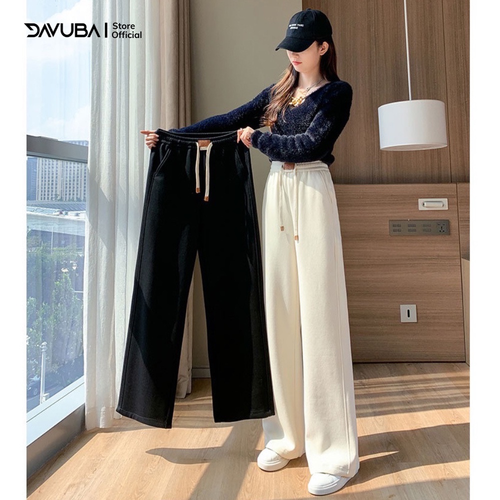 Quần ống rộng nữ cạp cao nỉ tăm lưng cao Hàn Quốc DAVUBA QD010
