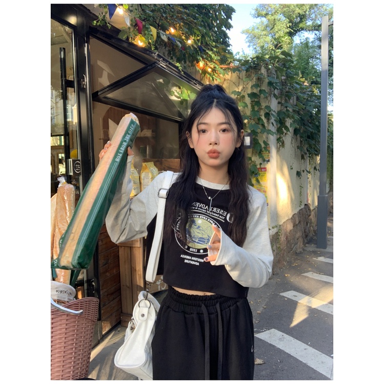 Áo Thun Nữ Dài Tay In Chữ Tương Phản Phong Cách Vintage Mới