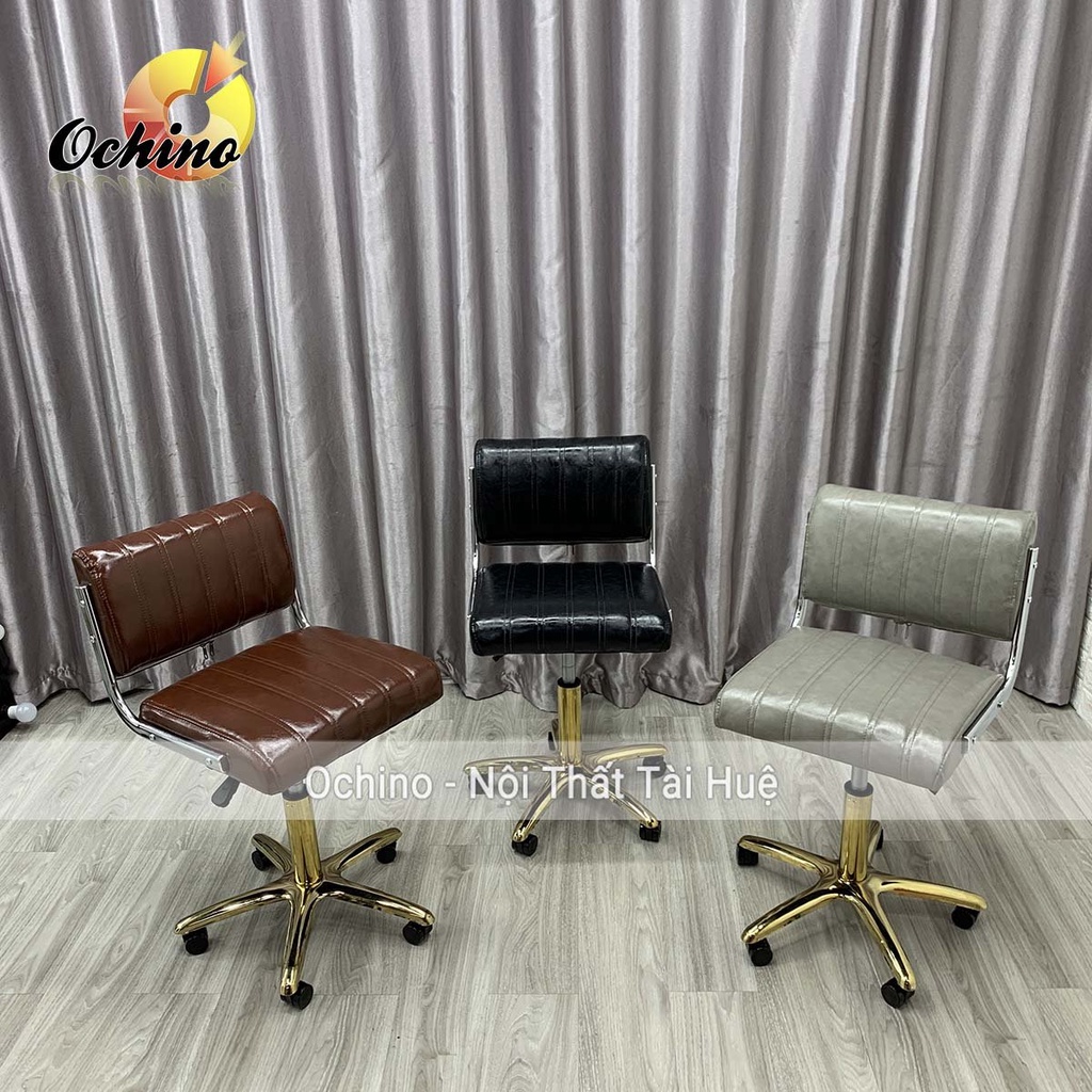 Ghế Makeup, Ghế Xoay Spa Phun Săm Mẫu Tựa Da Chữ Nhật Sọc Bánh Xe Chân Vàng Sao Cao Cấp (Có Sẵn)
