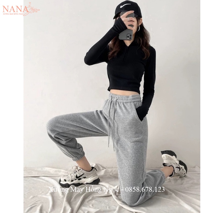 Quần jogger nữ bo gấu ống rộng chất vải da cá dày co giãn - Quần nỉ nữ ống suông dài cạp chun tập thể dục gym ở nhà ấm