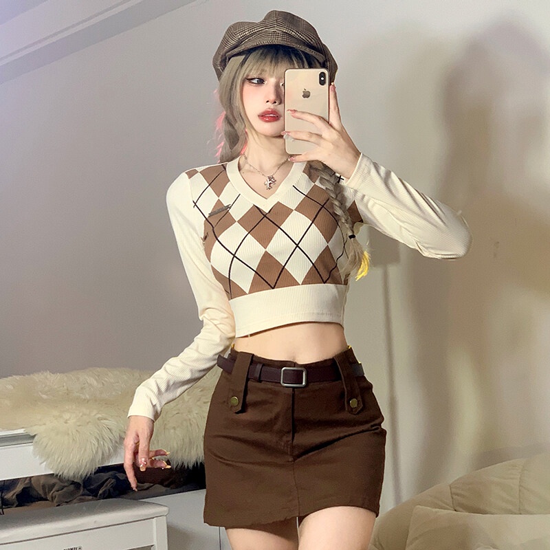 Kliou 2023 Mới Áo thun crop top Kliou tay dài cổ chữ V in họa tiết caro phong cách Hàn Quốc ngọt ngào thời trang 2022 mới cho nữ