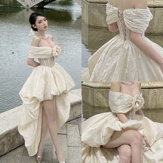 Đầm tơ nude bẹt vai đuôi tôm hoa ngực hở lưng dự tiệc sexy sang chảnh HATI