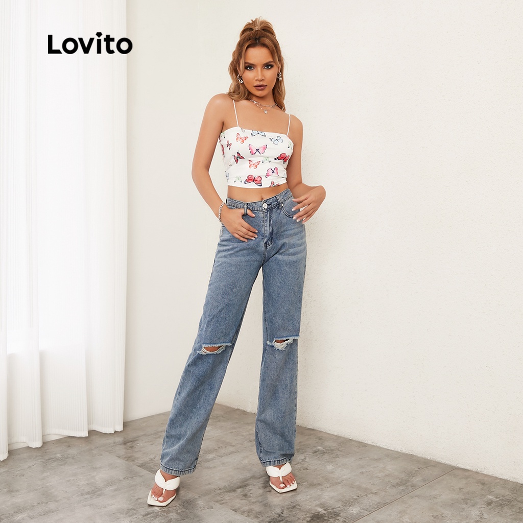 (Hàng có sẵn) Lovito Áo Hai Dây Họa Tiết Bướm Nhiều Màu Sắc Dễ Thương Cho Nữ L20D1354