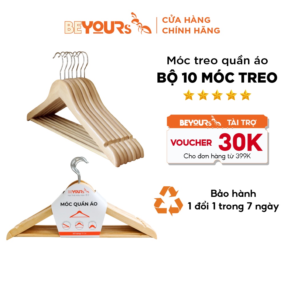 Móc treo quần áo gỗ BEYOURs bộ 10 móc gỗ cao su, màu gỗ tự nhiên