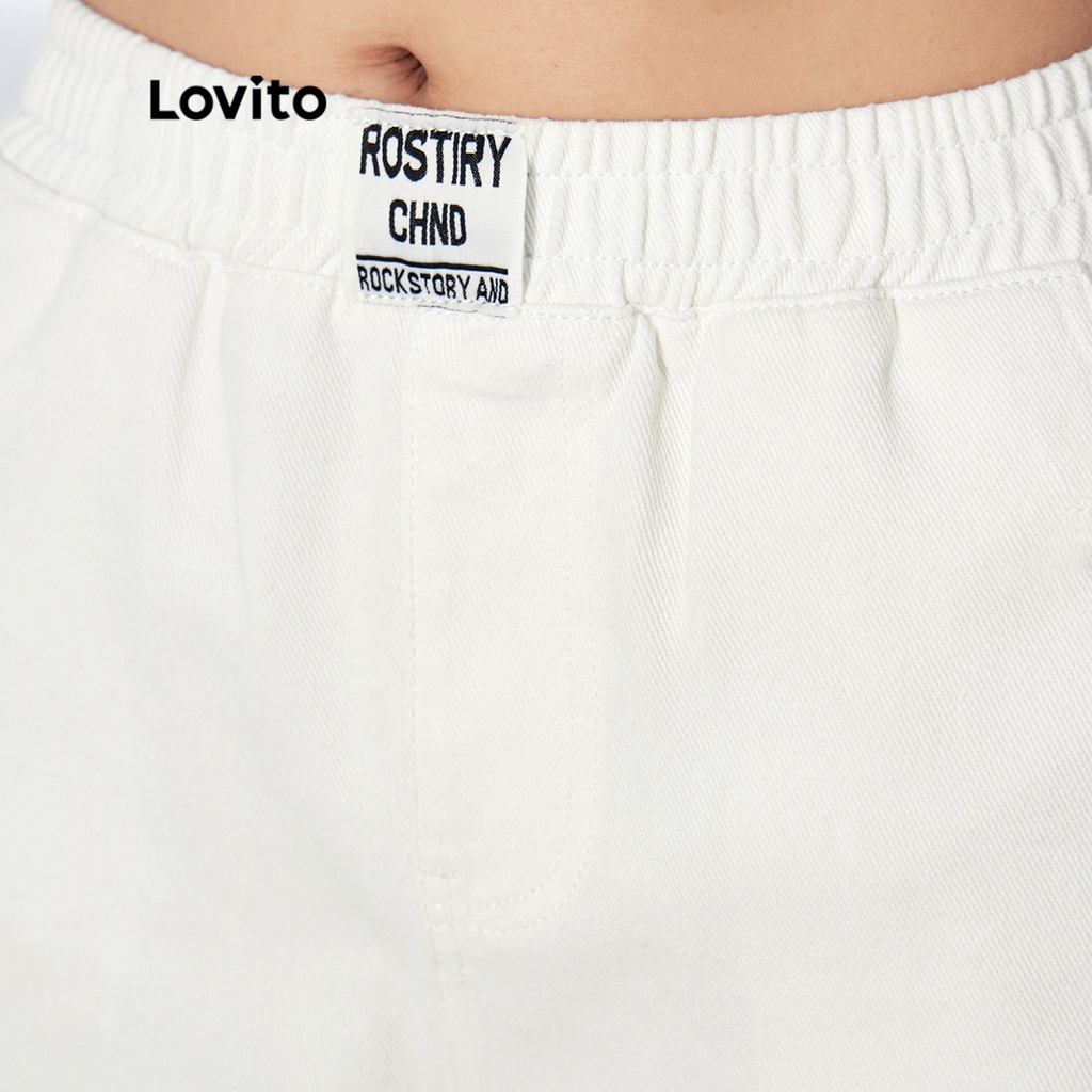 Lovito Bình thường Quần short denim nữ có túi thun trơn có túi L33AD106 (Trắng)