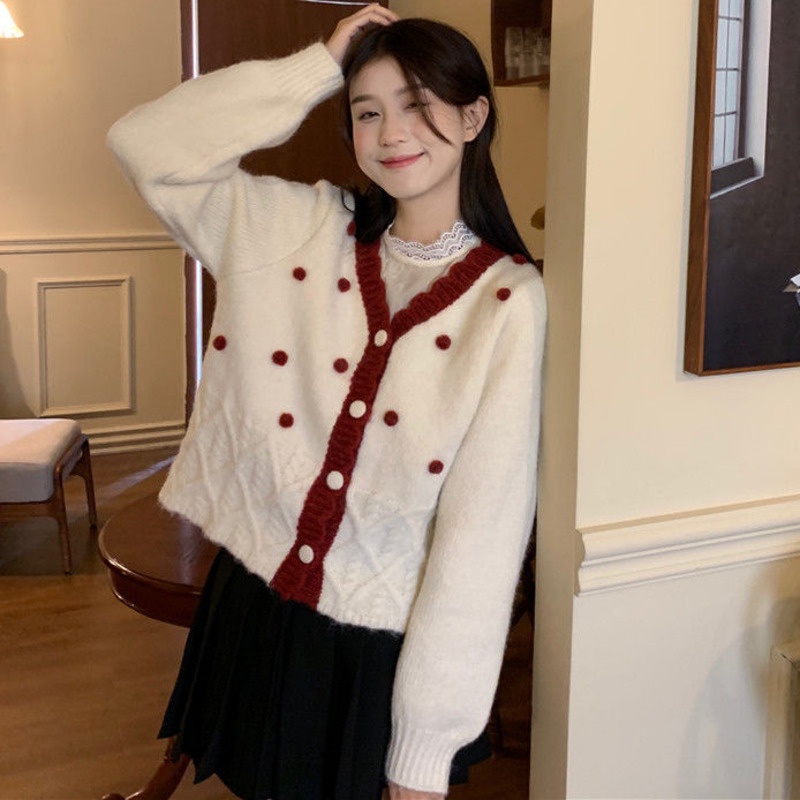 Áo Khoác Dệt Kim Tay Dài Cổ Chữ v Phối Ren Màu Tương Phản Thời Trang Hàn Quốc Cho Nữ