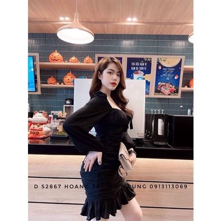 [11.11 Sale Freeship] Đầm tay dài bồng nhún ngực sexy phối bèo đuôi cá,đầm ôm body cột nơ ngực tông dáng quyến rũ mtb