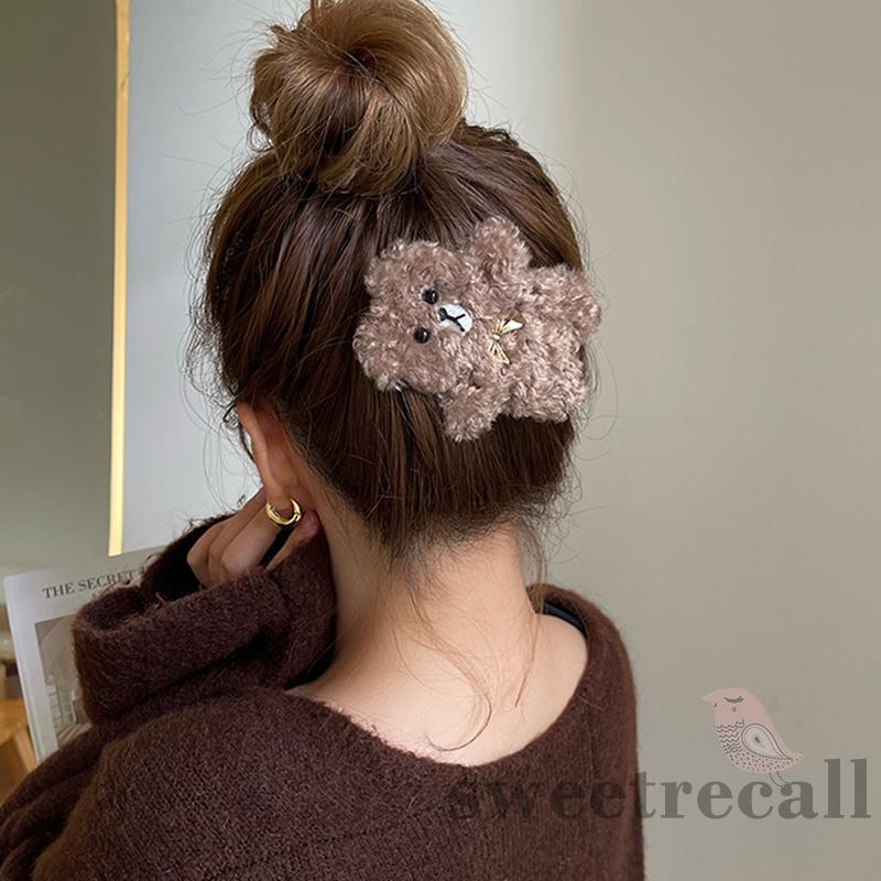 Kẹp Tóc Hình Gấu / Thỏ / Mèo Hoạt Hình Bằng Lông Nhung Dễ Thương Xinh Xắn