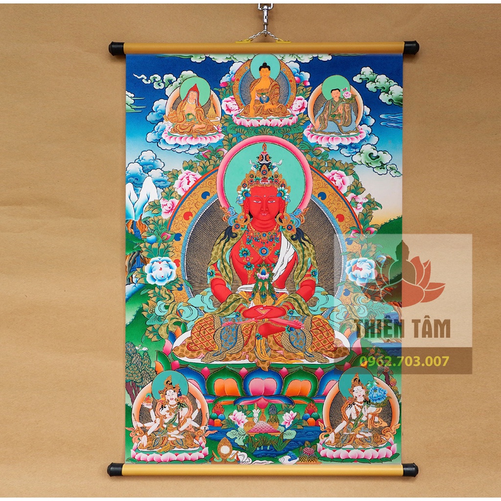 Tranh Phật Vô Lượng Thọ Amitābha 40x60cm (Phật A Di Đà mật tông thangka) bằng vải phủ bóng cao cấp bền đẹp