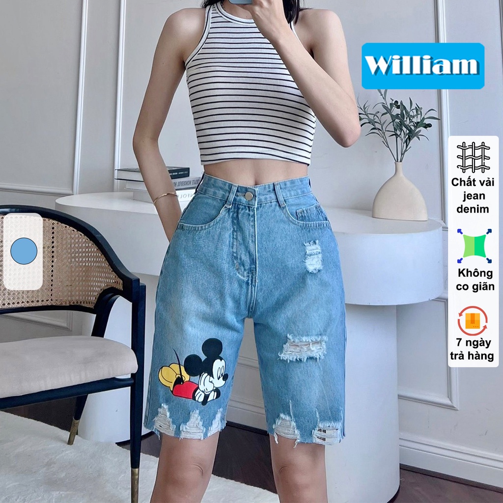 Quần jean ngố nữ kiểu rách in hình chuột cá tính - AT14