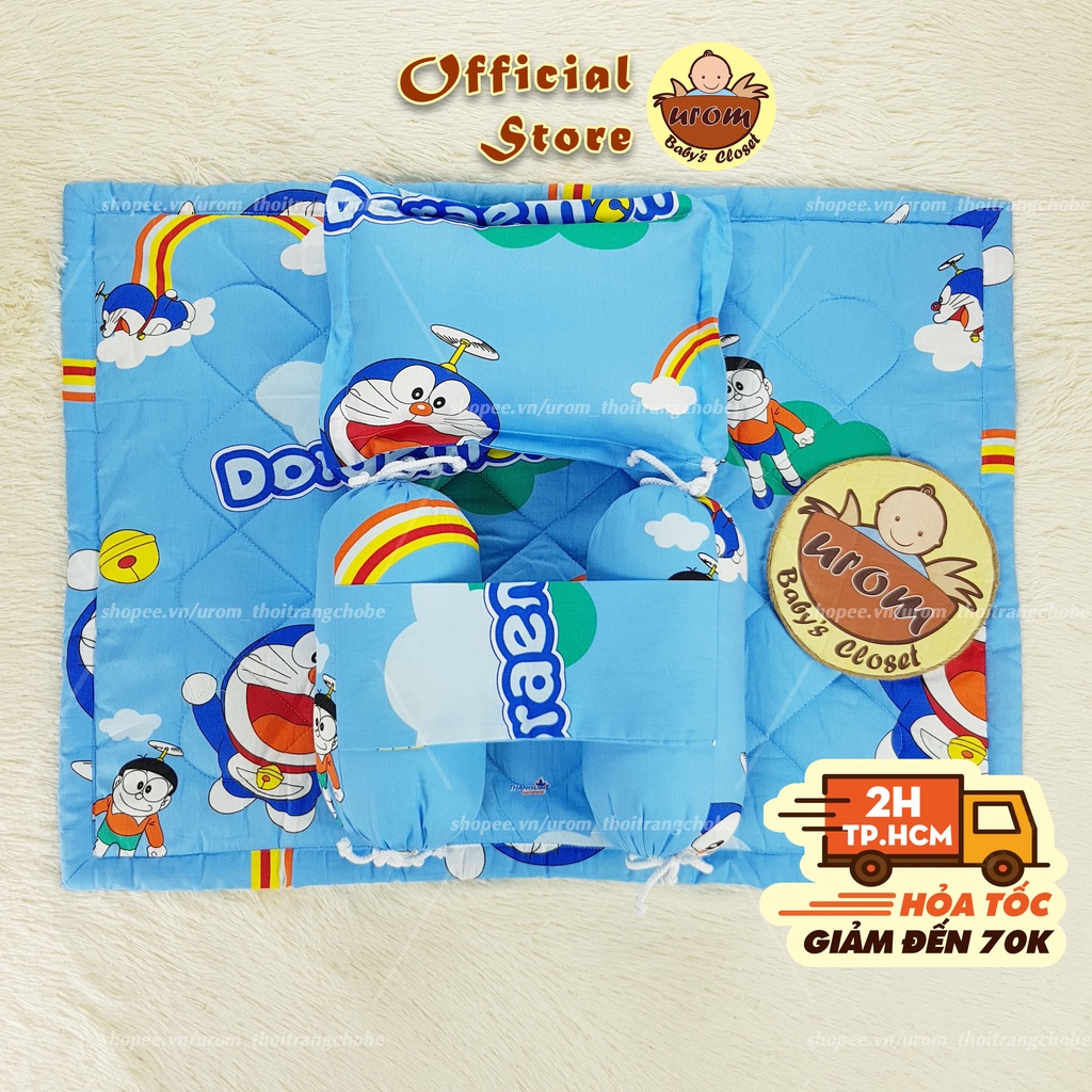 Bộ gối nệm lót cho bé sơ sinh kèm gối chặn gối nằm chần bông gòn Micro vải cotton Thắng Lợi họa tiết hoạt hình trẻ em