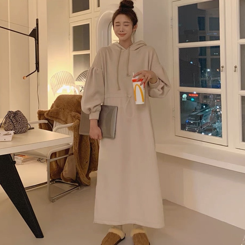 Đầm Hoodie Dài Tay Màu Sắc Thời Trang Hàn Quốc Cho Nữ