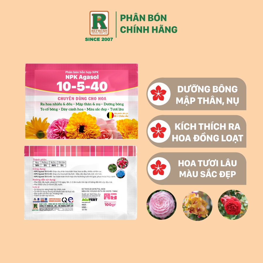 Phân bón lá CHUYÊN CHO HOA AGASOL 10-5-40 + TE Ra hoa nhiều, dưỡng bông, màu sắc đẹp, tươi lâu