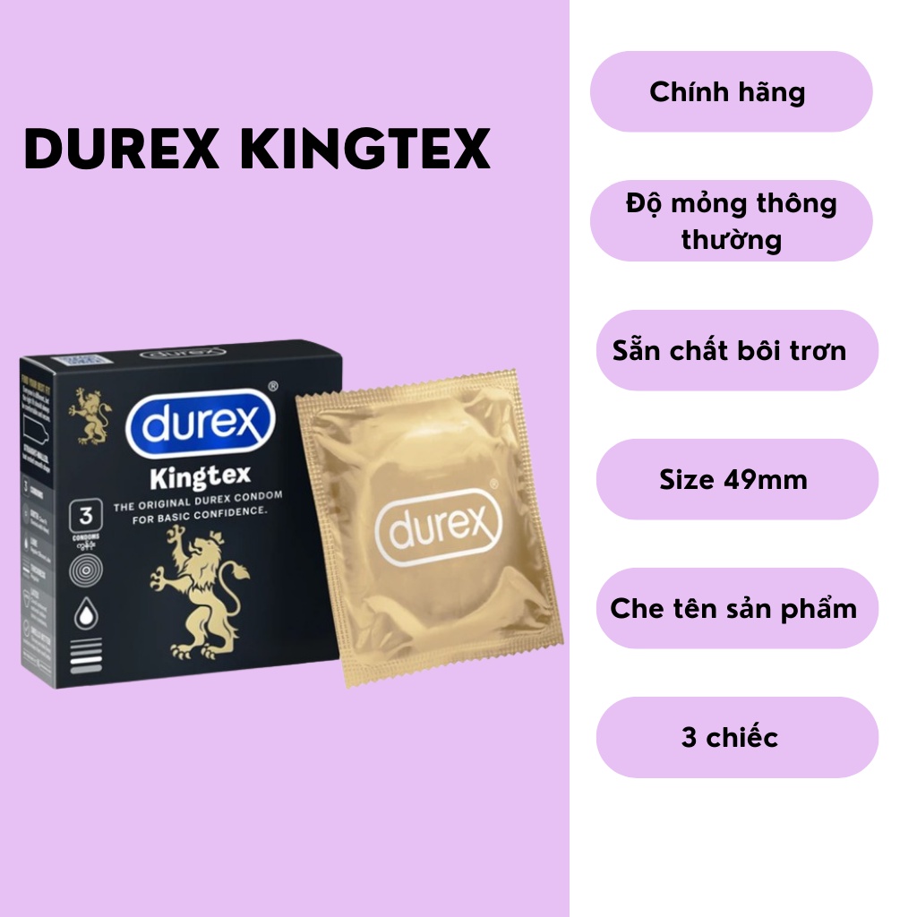 Durex kingtex bao cao su chính hãng size 49 bôi trơn sẵn kiểu dáng thẳng hộp 3 chiếc