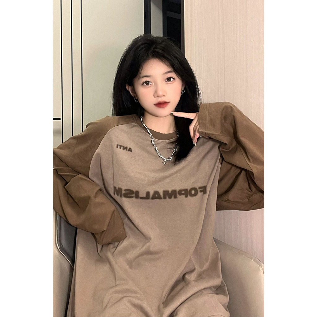 Áo Thun Tay Dài Dáng Rộng In Chữ Màu Sắc Tương Phản Phong Cách Vintage Dành Cho