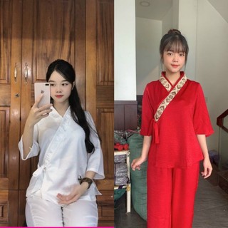 Đồ lam đi chùa bộ mẫu nữ vải lụa pháp lại 1