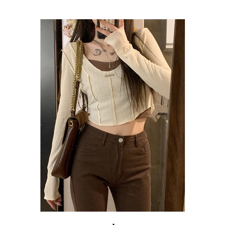 Áo Croptop Tay Dài Cổ Tròn+ Áo ba lỗ hai dây Hở Vai Thời Trang Dành Cho Nữ Phong Cách Hàn Quốc