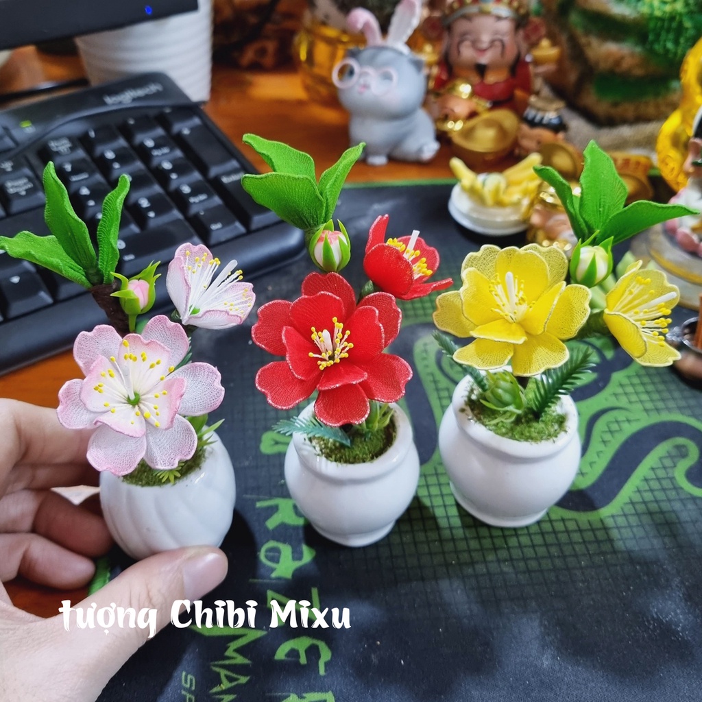 Chậu hoa đào hoa mai mini bằng vải voan y hình