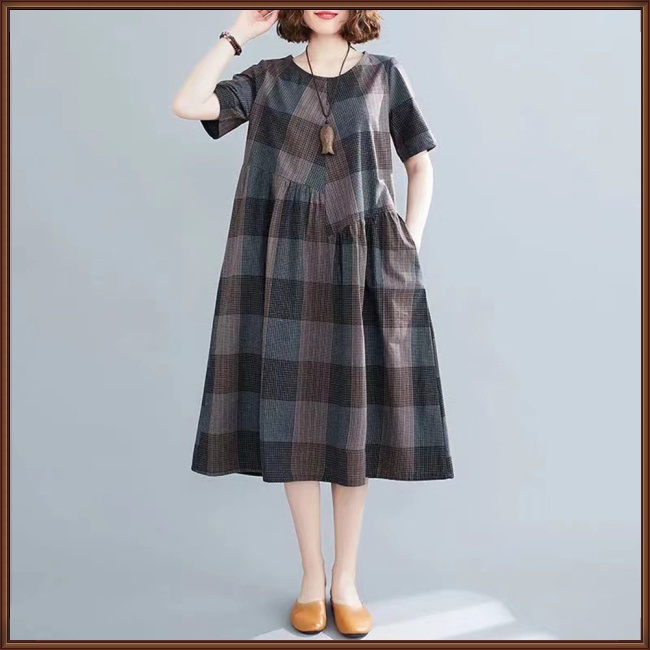 Đầm Tay Ngắn Dáng Chữ A Họa Tiết Sọc Caro Phong Cách Cổ Điển Thời Trang Mùa Hè Cho Nữ