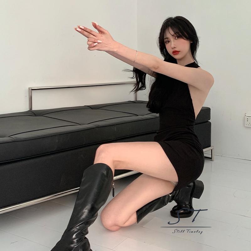 Đầm Ngắn Không Tay Cổ Tròn Hở Lưng Màu Sắc Trơn Thời Trang Mùa Hè CY03