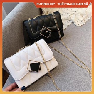 Túi xách nữ đeo chéo , Túi sách đeo vai kẹp nách khoá gương lệch đen trắng xanh bơ phối dây xích thời trang Putin Shop