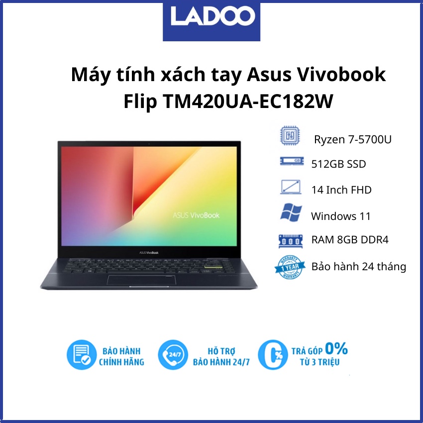 Lap top Asus Vivobook Flip TM420UA-EC182W/Ryzen 7-5700U/RAM 8GB/512GB SSD/AMD Radeon Graphics/14 Inch FHD/Win 11/2Yrs