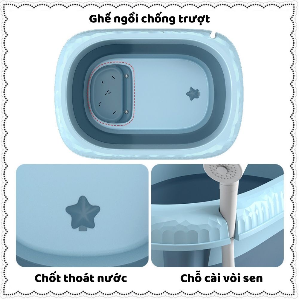 Thau tắm, bồn tắm, chậu tắm cho bé gấp gọn từ 0-10 tuổi, có 2 nấc, có ghế ngồi và rãnh cắm vòi sen tiện lợi cho bé